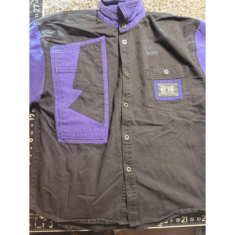 Vintage Machine Mens Large Color Block Cotton Canvas Button Down Shirt Purple
